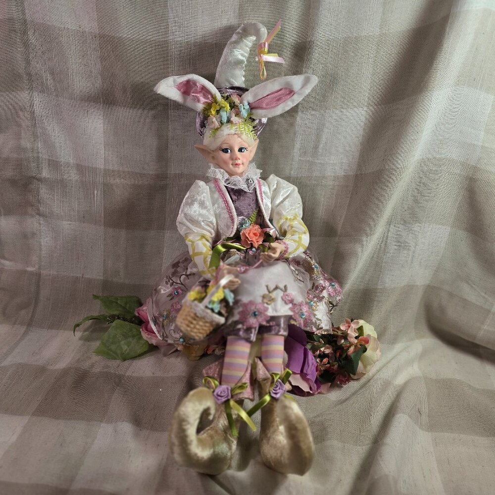 Cynthia Rowley Easter Elf Bunny Shelf Sitter Doll Tabletop Spring Decor Purple